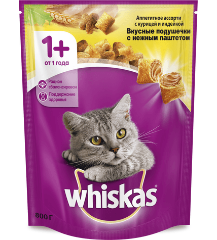 Корм для кошек Whiskas Вкусные подушечки с нежным паштетом Аппетитное ассорти с курицей и индейкой сухой